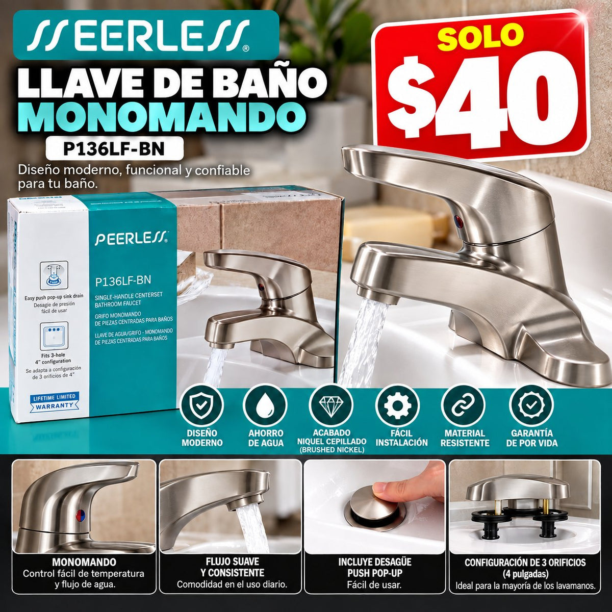 Llave de Baño Monomando Peerless P136LF-BN