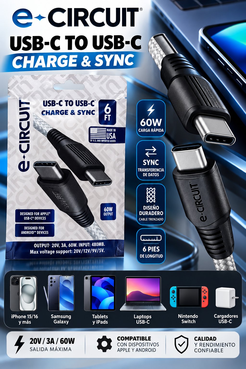 e-Circuit USB-C to USB-C Cable 6FT – 60W Fast Charge & Sync