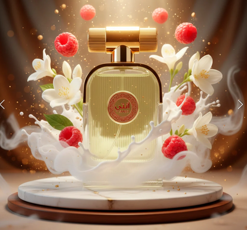 Arabiyat Anti Eau de Parfum frasco dorado con frambuesas y flores blancas