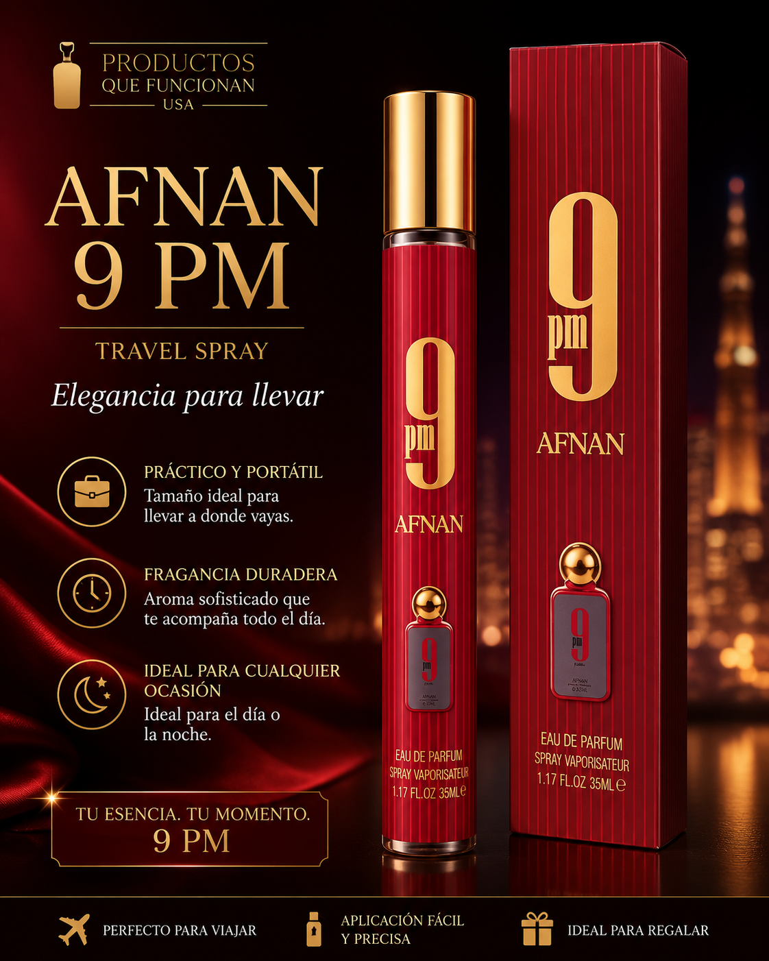 Afnan 9 PM Travel Spray EDP 35ml Mujer Rojo (Mayorista)