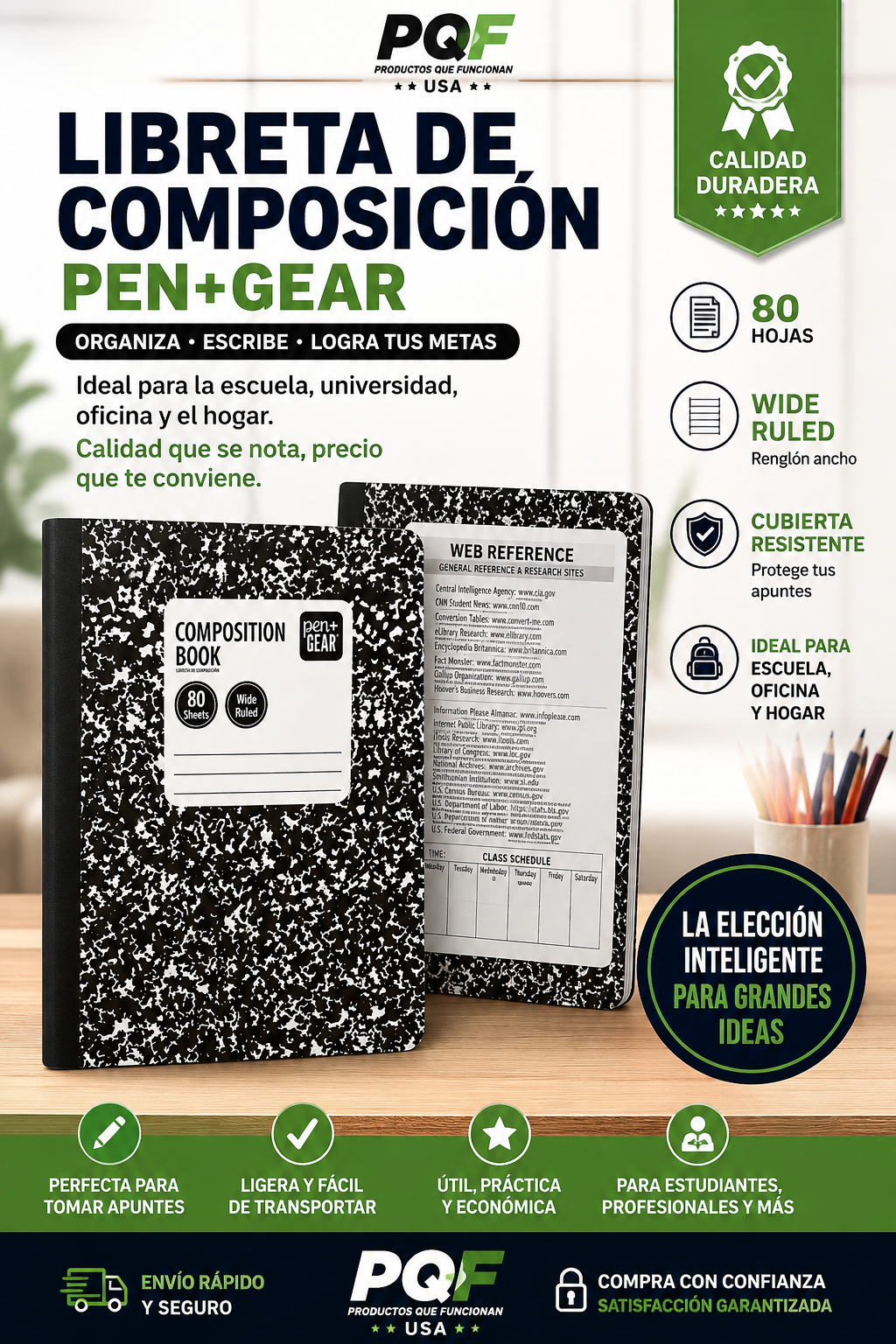 Pen+Gear Composition Book – Libreta de Composición, 80 Hojas, Wide Ruled, Cubierta Resistente
