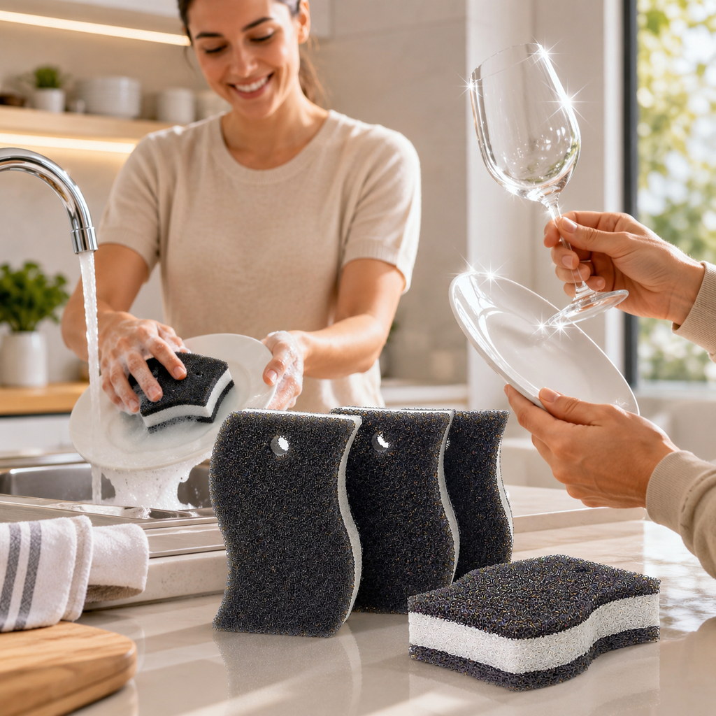 Atomy Scratch Free Scrubber esponjas negras con mujer lavando platos