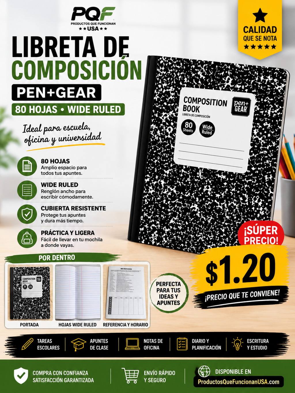 Pen+Gear Composition Book – Libreta de Composición, 80 Hojas, Wide Ruled, Cubierta Resistente