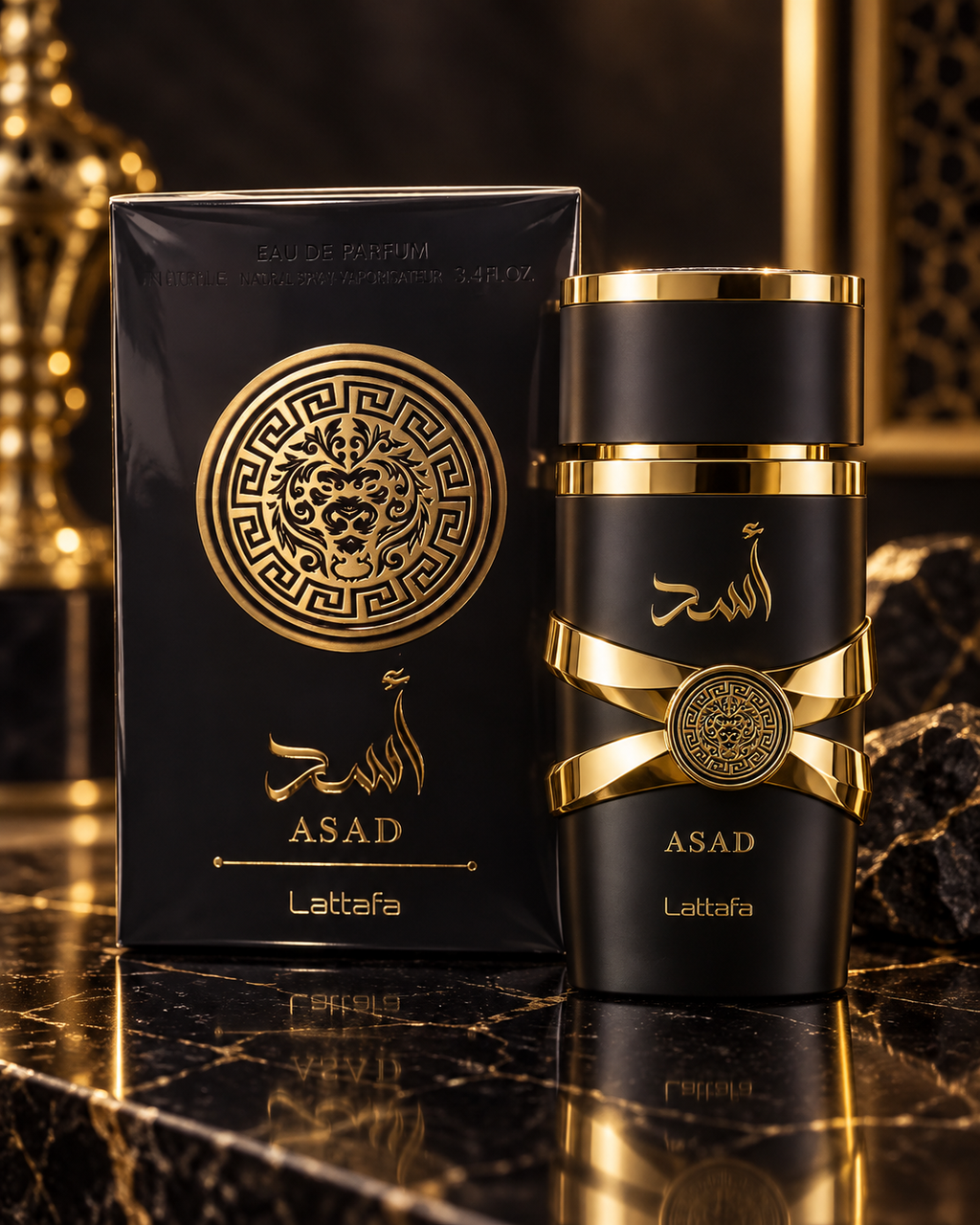 Lattafa Asad Eau de Parfum 100 ml - caja y frasco negro con dorado